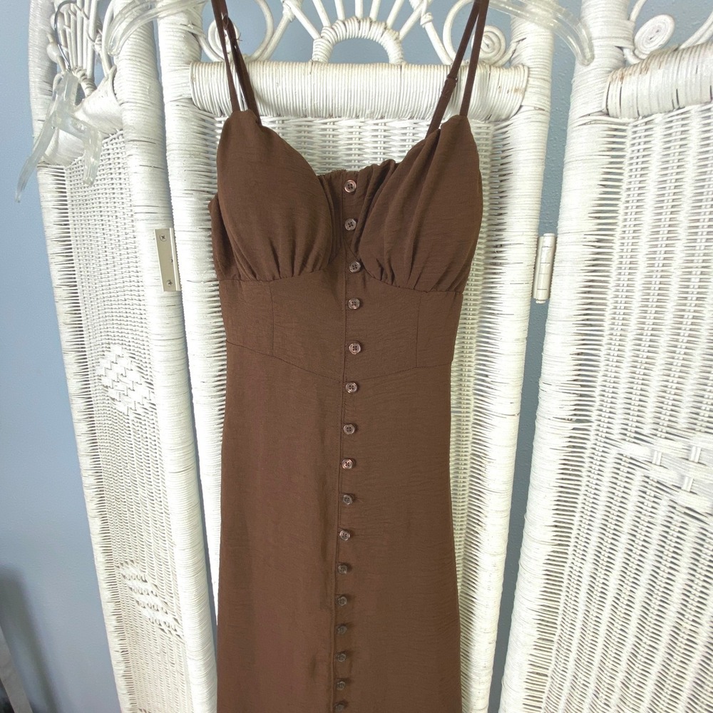 No Boundaries Brown Smocked Bust Midi Dress XS Flounce Hem Cottage Milkmaid - Picture 2 of 10